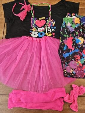 Womens 80s Neon Pink Tutu Costume Set, W/ Accessories New Size 3x